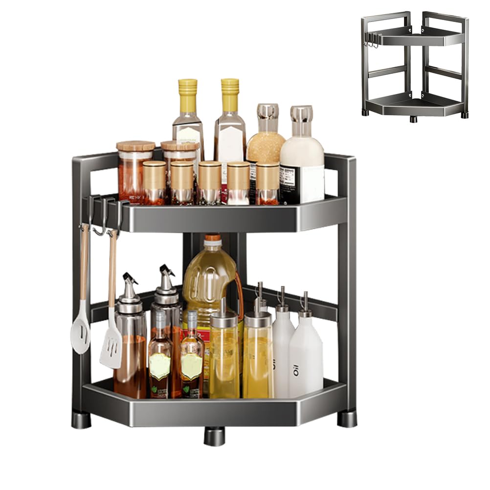 Scaffale ad Angolo Cucina rastrelliere rastrellino a 2 Livelli rastrelliere spezie in Piedi in Piedi colaio angolare condimento per spezie Portatore di spezie con 2 Ganci,11.8IN