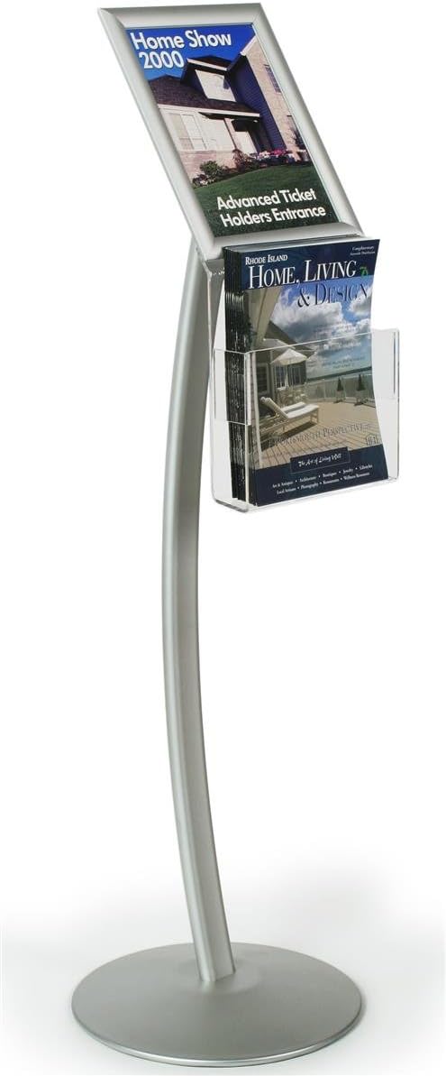 Sign Stand with Aluminum Snap Open Picture Frame and Clear Acrylic Brochure Holder for 8.5x11 Magazine, Free Standing Poster Display Holder - Aluminum and Steel, Silver