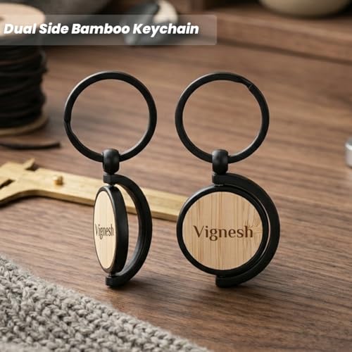 Image of Giftana Personalized Dual Side Keychain with Pen and Bamboo Visiting Card Holder Gift Set for Men & Women, Personalised Gifts for Husband, 3 in 1 Corporate Gifts for Employees, Clients,