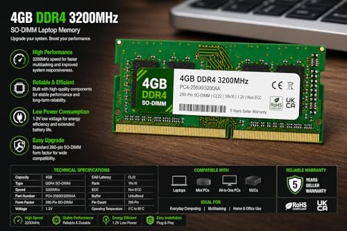 Image of 4GB DDR4 3200MHz OEM Laptop RAM Compatible with Samsung [Key Specs: PC4-25600 /3200AA | 260-Pin SO-DIMM | CL22 | 1Rx16 | 1.2V | Non-ECC] | 5 Years Seller Warranty