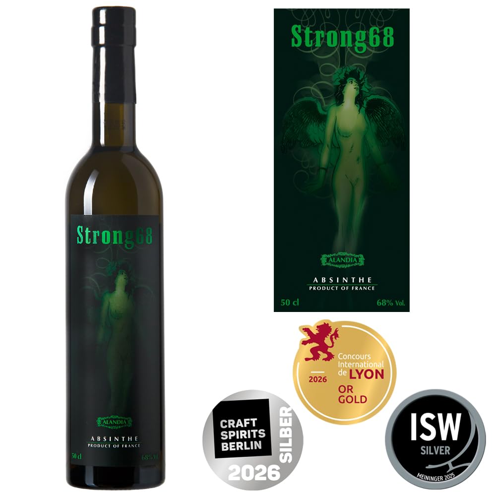 Absinth Set Strong68 von ALANDIA | Das prämierte Original mit Wermut und Thujon | 2x Gläser 2x Löffel 1x Zuckerwürfel | (1x 0,5 l)