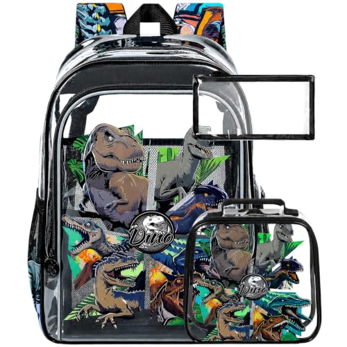 Image of WZLVO Clear Backpack for Kids Boys, 16 inch Heavy Duty PVC Transparent Bookbag with Frame Reflective Strip, Cute See Through School Bags for Elementary Preschool - Awesome Dinosaur Black