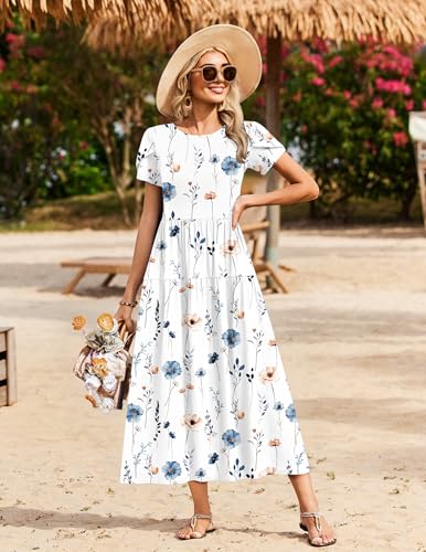 Image of Zeagoo Summer Dresses for Women 2026 Maxi Bohemian Floral Short Sleeve Long Dress Casual Flowy Tired Beach Sundress