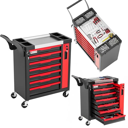 Tool Chest 7-Drawer | Large Capacity Rolling Tool Chest with Wheels/Side Drawer | Drawer Integrated Lockable | Tool Cart/Cabinet for Garage Storage,Workshop | Safety Rounded Corner Anti-collision |Red