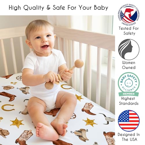 Image of Sweet Jojo Designs Fitted Baby Crib Sheets (Boho Western Cowboy) for Boys, Infant Nursery, Toddler Room - Standard Size (Bohemian, Vintage Wild West, Cow Boy Boots, Southern Charm, Longhorn Skull)