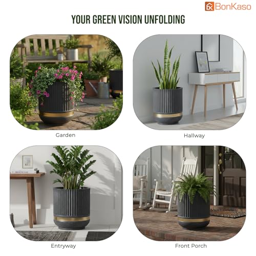 Image of BonKaso 14 Inch Tower Plant Pot for Indoor & Outdoor | Modern Lightweight Polymer Planter | Weather, UV & Frost Resistant | Ideal for Living Room, Balcony, Office & Nursery (Dark Grey)