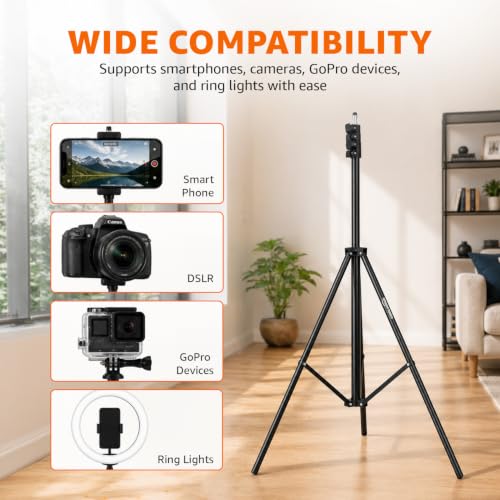 Image of Amazon Basics 78-Inch (200 cm) Aluminium Tripod with Bluetooth Remote & Mobile Holder, Phone Stand for Ring Light, GoPro & Camera, for Video Recording, Streaming, Reels & YouTube, 5 Kg Load Capacity