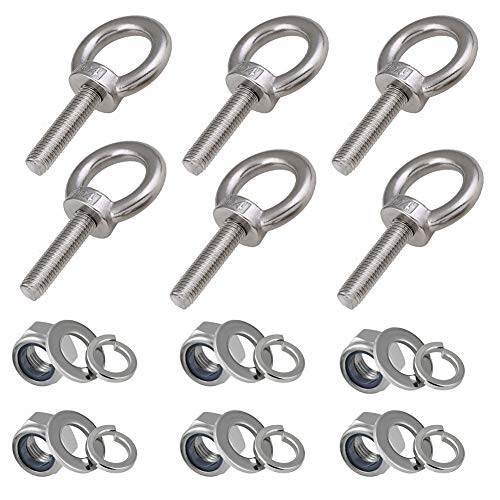 Image of 304 Stainless Steel Machinery Shoulder Lifting Eye Bolt, 6 PCS M8 Extended Thread Lifting Eyebolts with Lock Nuts, Lock Washers, Flat Washers