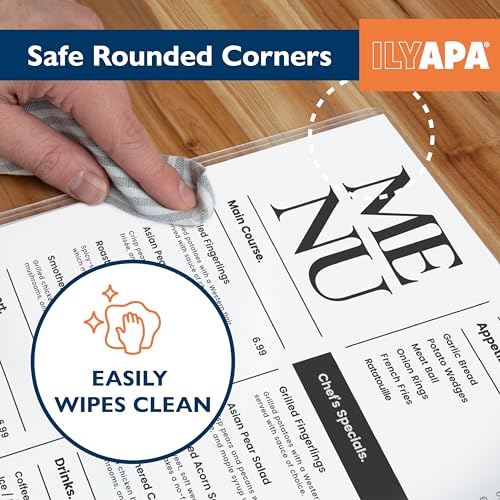 Image of Ilyapa Restaurant Menu Covers 11 x 17 Inch - 30 Pack, Single Page, 2 View Clear Menu Holder Sleeves, Durable PVC Sheet Protector to Cover Inserts | Durable PVC Plastic Sheet Protector, For Restaurant Menu Display, Double-Stitched Edges