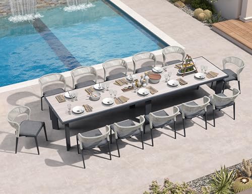Image of PURPLE LEAF Outdoor Dining Set for 12 with Built-in Cushions Deep Grey