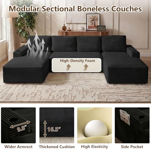 Image of 133 inch U-Shape Cloud Couch, Modern Modular Sectional U-Shape Sofa, Corduroy Boneless Couch Upholstered Couches Deep Seat Sleeper Chaise Longue for Living Room, No Assembly Required, Black