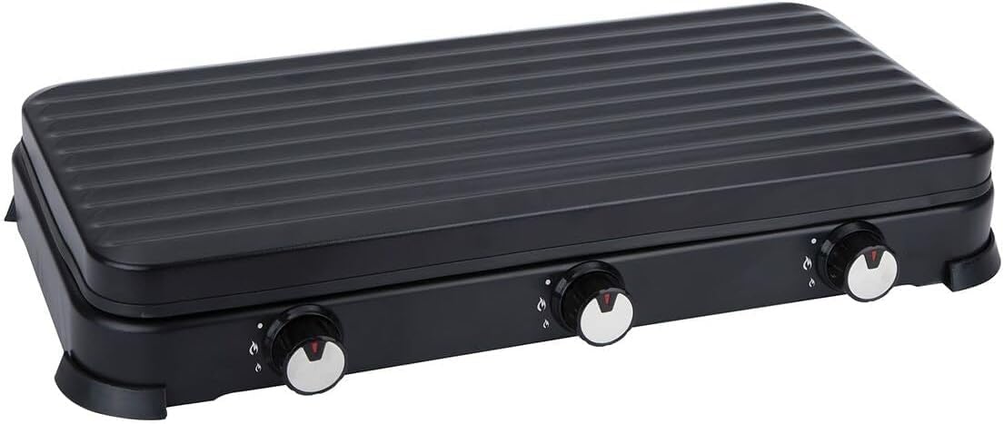 Cocina de Gas portátil de 3 fuego con parrilla, Apta para butano y propano, Tapa protectora extraíble, Ideal para camping, Ocupa poco espacio