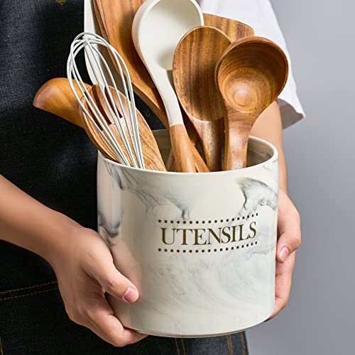 Lyeoboh Kitchen Utensil Holder Large Utensil Holder For Countertop, Modern Ceramic Cooking Utensil Crock Heavy Spatula Holder, 6.7 Inches Gray Marble Utensils Organizer For Home Decor #TOP3