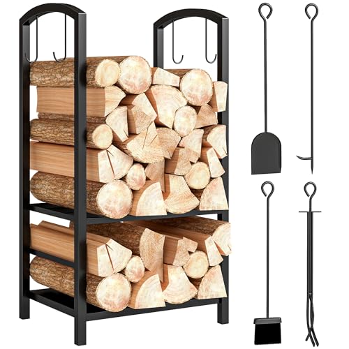 Outsunny Estante de Leña para chimenea Soporte para Leña de 2 Niveles Leñero Exterior e Interior Metálico con 4 Herramientas para Chimenea Carga Máx.100 kg 40x30x74,5 cm Negro