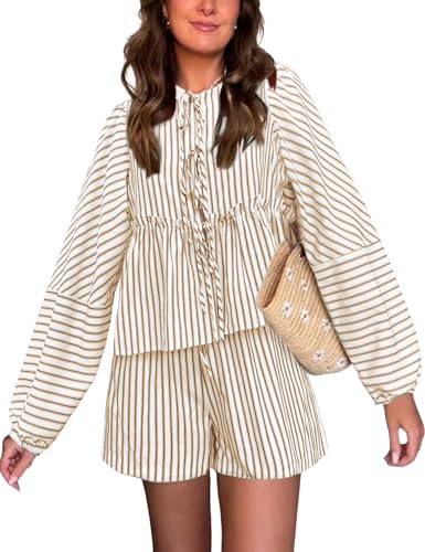 Bankeng Women Y2K Tie Front 2 Piece Shorts Set Plaid Long Puff Sleeve Peplum Top Summer Cute Lounge Sets