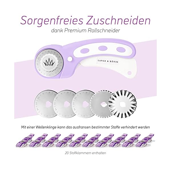 Lange & König Rollschneider Set in 3 Größen [A1, A2, A3] und 5 Farben Inkl. Schneidematte, Rollschneider, 5 Ersatzklingen, Patchwork-Lineal + 20 Stoffklammern als Nähzubehör – Bild 5