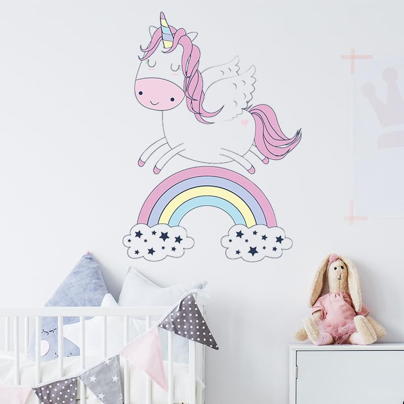 Image of Unicorn and Rainbow Wall Decal for Kids Nursery Decor, Bedroom Wall Stickers, Playroom Decoration, Baby Room Art-Self-Adhesive