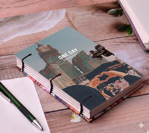 Image of 'One Day Insyaallah' Spiritual A5 Journal - Handmade Makkah Clock Tower Diary with Antique Metal Lock, 200 Unruled Pages, Hardcover Hand-Stitched Notebook for Hajj, Umrah & Daily Dua