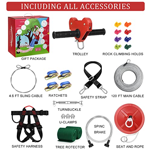 Image of 120 Feet Backyard Zip Line Kit for Kids and Adult Outdoor Up to 330lb Zipline with Spring Brake and Safety Harness with 4 Tree Climbers, Christmas and Birthday Gifts for Kids(Red)