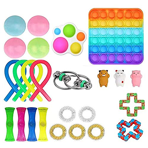 Qianzhi 24 Pcs Fidget Toy Set Sensory Fidget Toys Pack cheap, 5 sensory rings 4 marble mesh 4 Stretchy String 4 Grape Ball, for Autistic Kids or Anxiety Adults simple but effective
