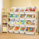 Etitlly Kids Toy Storage Organizer with Bookshelf – Wooden Shelf with 16 Bins & 3 Shelves, Quick Assembly Storage Rack for Playroom, Bedroom, Nursery - White
