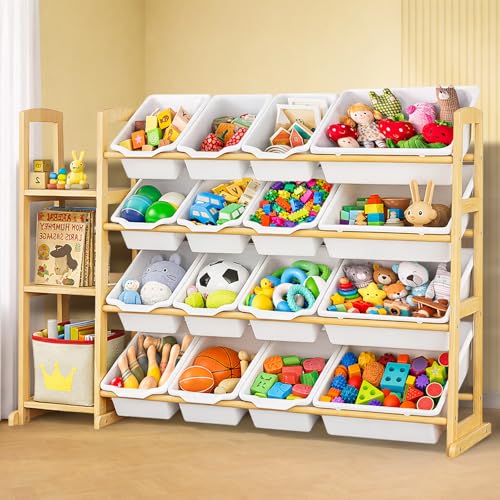Etitlly Kids Toy Storage Organizer with Bookshelf – Wooden Shelf with 16 Bins & 3 Shelves, Quick Assembly Storage Rack for Playroom, Bedroom, Nursery - White