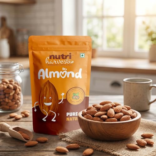 Image of NUTRI HARVEST Premium Natural Californian Almonds 500g | Raw Unsalted Badam Giri, Tasty and Healthy Snacks, Crunchy Dry Fruits | High Protein & Fiber | Rich in Magnesium & Phosphorus (Pack of 1)