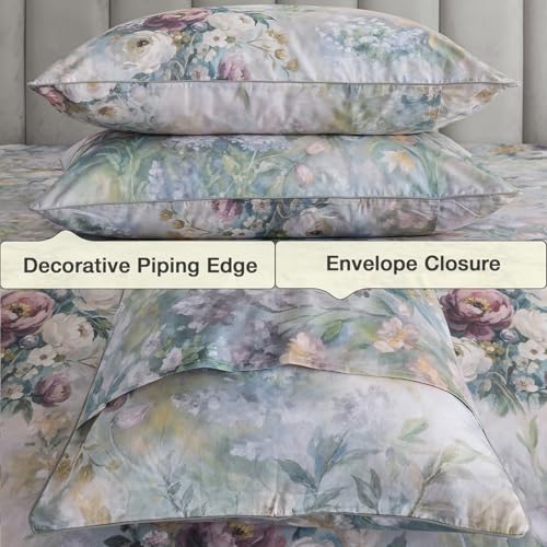 Image of Vintage Floral Sheets Queen, 100% Cotton Percale Shabby Rose Chic Sheet Set, Soft Crisp Aesthetic Green Flower Bed Sheets, Garden Toile Designer Bedding, Deep Pocket Fitted Sheet, 4Pcs