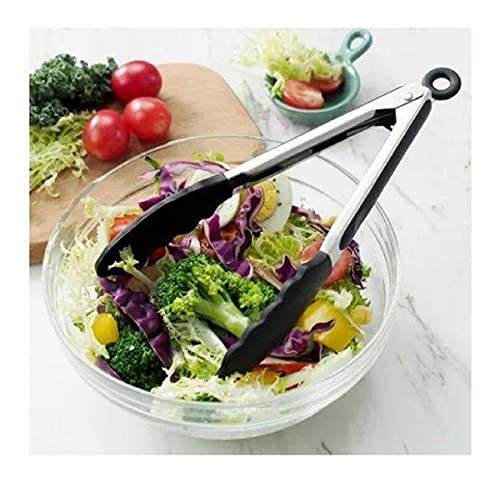 Kit 2 Pegadores Pinça Silicone Tamanhos 30cm e 25cm para Salada Churrasco Inox Fritura Preto