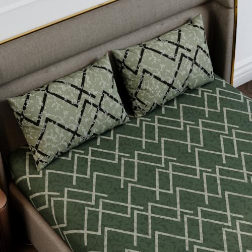 Image of Stoa Paris 100% Cotton King Size Fitted Bedsheet with 2 Pillow Covers, 180TC Printed Bedding Set, All-Season Comfort, Soft & Lightweight, Home Decor, Urbanscape - Olive Mesh (182cm x 198cm + 30cm)