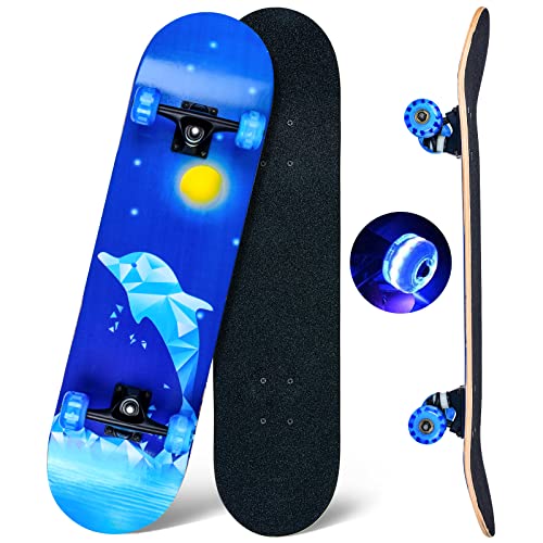 Skateboard, 31 x 8 Zoll komplettes Skateboard,8-lagiges Ahornholz, ABEC-11 Kugellager und 95A Rollen,Standard-Skateboards für Kinder, Jugendliche, Erwachsene, Anfänger (Dolphin)