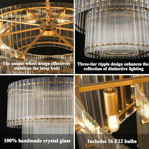Image of 3-Tier Modern Gold Round Chandelier, 37 inch Water Ripple Crystal Glass Chandeliers for High Ceiling,16-Lights Luxury Adjustable Hanging Chandelier for Living Room, Foyer, Staircase, Dining Room,