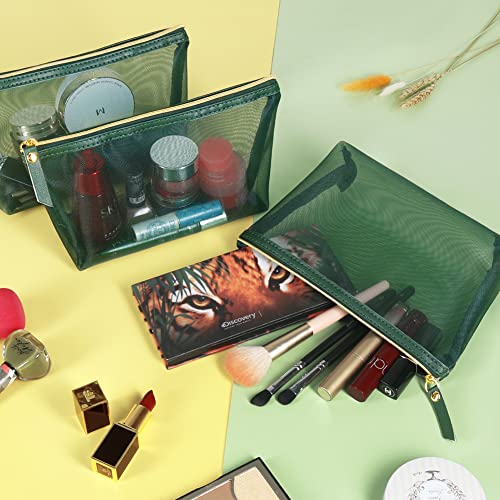 Besharppin 3Pcs Mesh Cosmetic Bags, Nylon Makeup Pouches With Leather Pull And Golden Zipper For Purse Diaper Bag (Emerald Green) #TOP1