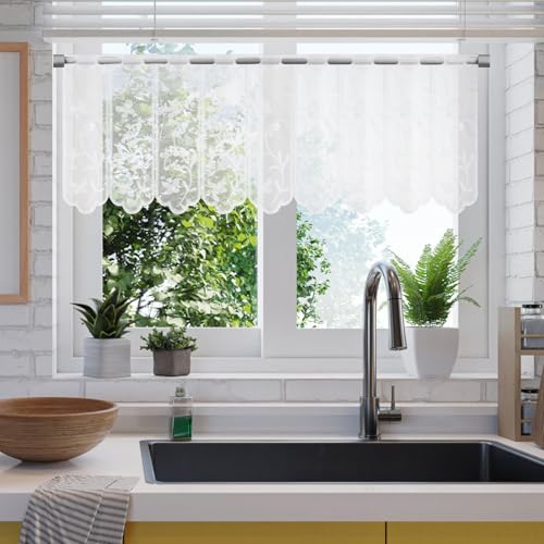 UOCAI Lot de 2 rideaux brise-bise, rideaux bistro blancs, rideaux modernes, rideaux semi-transparents brodés avec fleurs, rideau court, rideau de fenêtre...