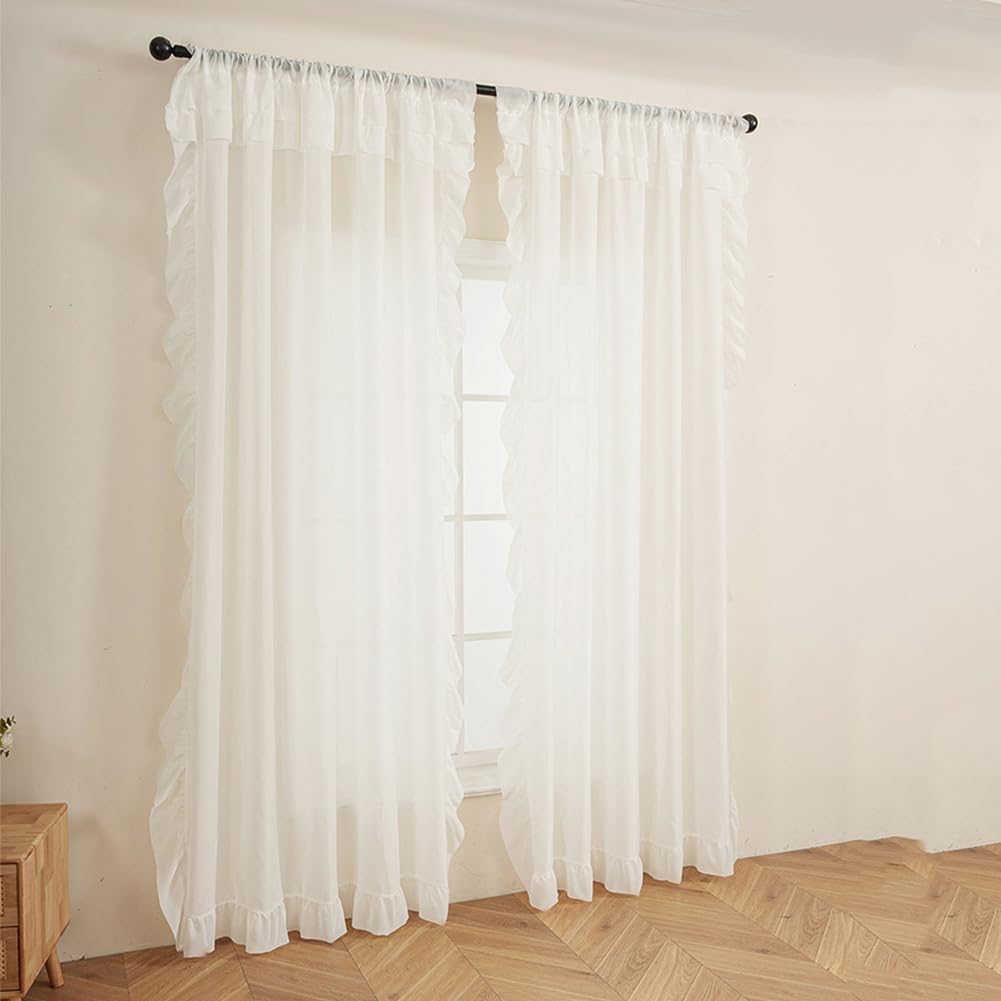 Weiß Rüschenn Gardinen Transparent für Schlafzimmer Wohnzimmer,Französisch Landhausstil Ruffled Vorhänge Durchsichtig Dekovorhang Romantisch 2 Stück 140x220