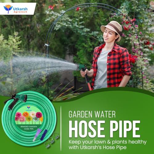 Image of Utkarsh Heavy Duty PVC Braided Water Hose Pipe - 10 Meter / 0.5 inch, with 8-Mode Spray Gun, 1 Tap Adapter, Connector & 3 Clamps for Garden, Car Wash, Floor Clean, Pet Bath, Indoor /Outdoor (32.8 ft)