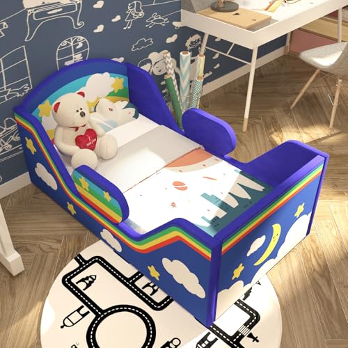 Toddler Bed, Child Bed for Kids with Extra Safty Broad, Standard Crib Size Toddler Bed, Certified Fabric Toddler Beds,Toddler Flood Bed (Night Blue)