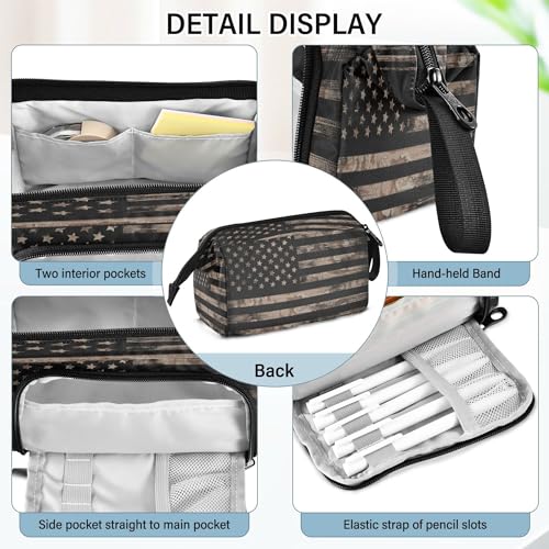 Image of Fisyme Vintage Brown American Flag Pencil Case Large Capacity Pencil Pouch Pen Bags Box Big Makeup Pencil Case Organizer