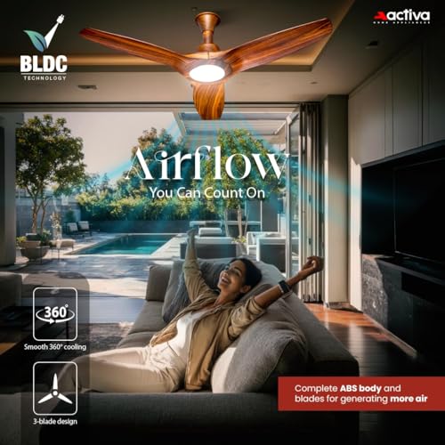Image of ACTIVA Silentair 1200mm BLDC Ceiling Fan with LED Light & Remote | 28W BEE 5 Star Fan | High Speed Airflow | Silent Operation | Premium Decorative Ceiling Fan for Home & Office | (Wooden Finish)