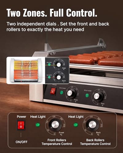 Image of SYBO Commercial Hot Dog Roller - 30 Hot Dogs, 11 Non-Stick Rollers, 1430W, Stainless Steel, Removable Drip Tray & Glass Cover - Dual Temp Control, 360 Rotation for Party & Snack Bar, ETL Certified