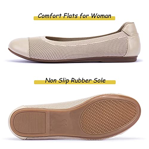 Frank Mully Women's Ballet Flats Round Toe Walking Flats Slip On Work Shoes Knitted Flats Shoes For Woman Soft Lightweight,Synthetic Leather,Ecru 9.5 #TOP2