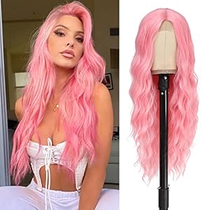 Cosplay Long Pink Wig 28 Inch Middle Part Synthetic Wig Realistic Gifts Party Wigs for Women Daily Use Colorful Wigs (Pink)