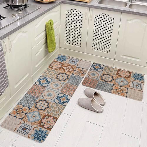 Image of HomeCloud Rubber Kitchen Mats for Floor Set of 2 Pcs | Non-Skid, Soft Absorbent Rugs for Kitchen, Laundry, and Hallway | 120x40cm, 40x60cm| 4mm Thickness, Beige Blue Multi, Rectangular