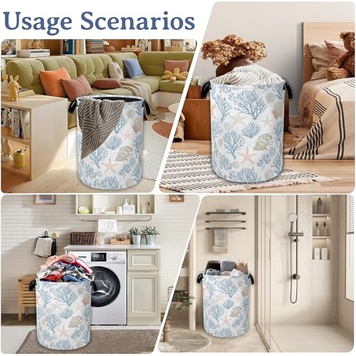 Image of Starfish Coral Shells Laundry Hamper With Handle,Foldable Oxford Cloth Ocean Laundry Basket,20.8 inchx16 inch Clothes Storage Basket for Laundry Room /Bedroom /Bathroom
