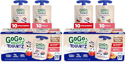 Image of GoGo squeeZ YogurtZ Variety Pack,Strawberry & Peach,3 oz,Kids Snacks Made with Real Yogurt and Fruit,No Fridge Needed,Gluten Free,Nut Free,Recloseable Cap,BPA-Free Pouches,(Pack of 40)