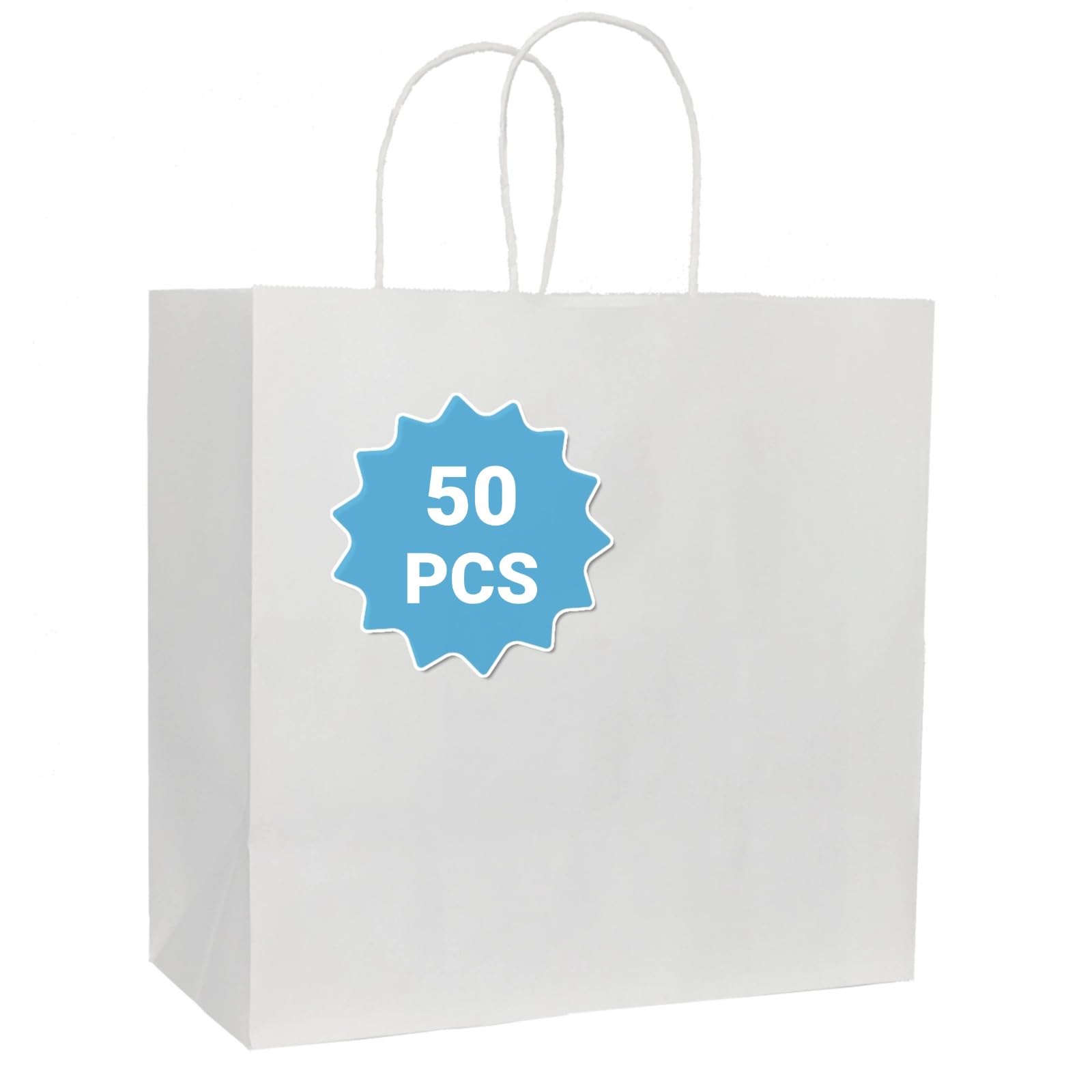 COGLARING 50Pcs White Gift Bags with Handles - 11x5.9x11 Inch Kraft Paper Bag Bulk for Weddings, Parties, Retail & Gift Wrapping - White Paper Bags