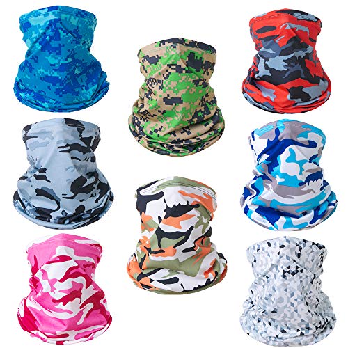 UV Protection Face Mask Cover Neck Gaiter Bandana Breathable Headwrap Cooling Face Cover for Camping Running Sports Cycling Fishing Hunting Climbing Camouflage 8 Packs