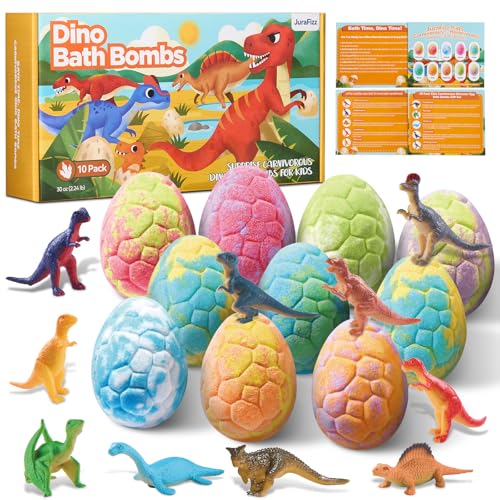 Dinosaur Bath Bombs for Kids with Surprise Inside 10 Pack Natural Dino Eggs with Exclusive Carnivorous Dinosaur Toys Fizzing Fun Gifts for Boys Girls Dinosaur Toys for Kids Ages 3-9