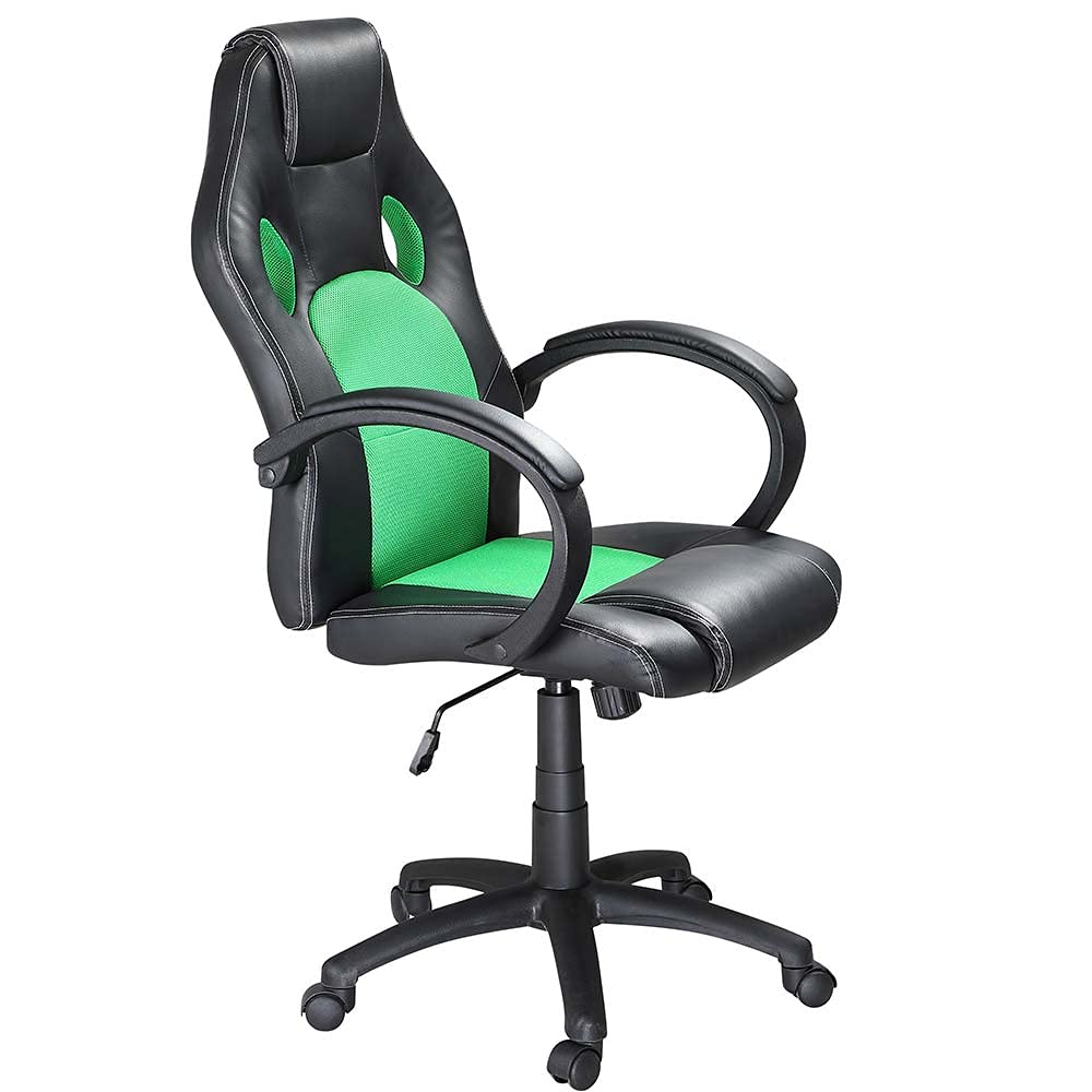 BAKAJI Sedia Sportiva Poltrona Direzionale da Ufficio 4 Ruote Girevole 360° Modello Racer Gaming Design Extra Lusso in Ecopelle Nero e Tessuto (Verde)