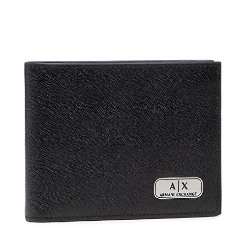 Armani Exchange A|X mens Plate Logo Saffiano Leather W/Coin Pocket Trifold Wallet, Black, Small US